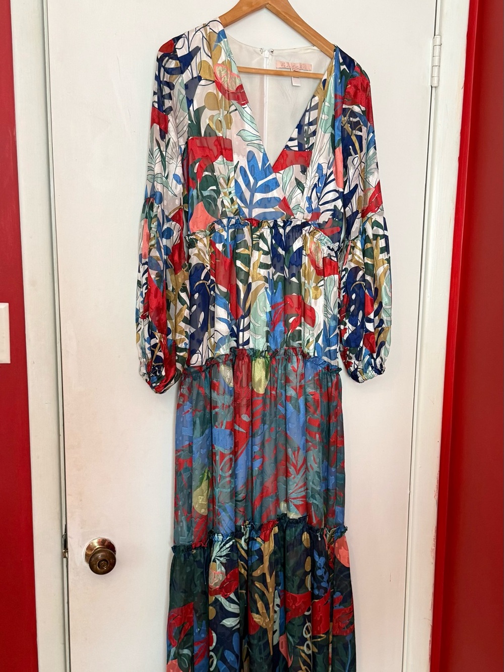 Hutch Vibrant Botanical V-Neck Maxi Dress in Blue, Red & Green